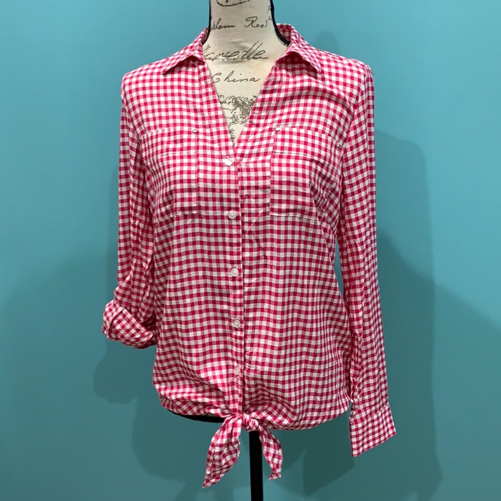 Jones New York Pink & White Checkered Tie Front Blouse, size S